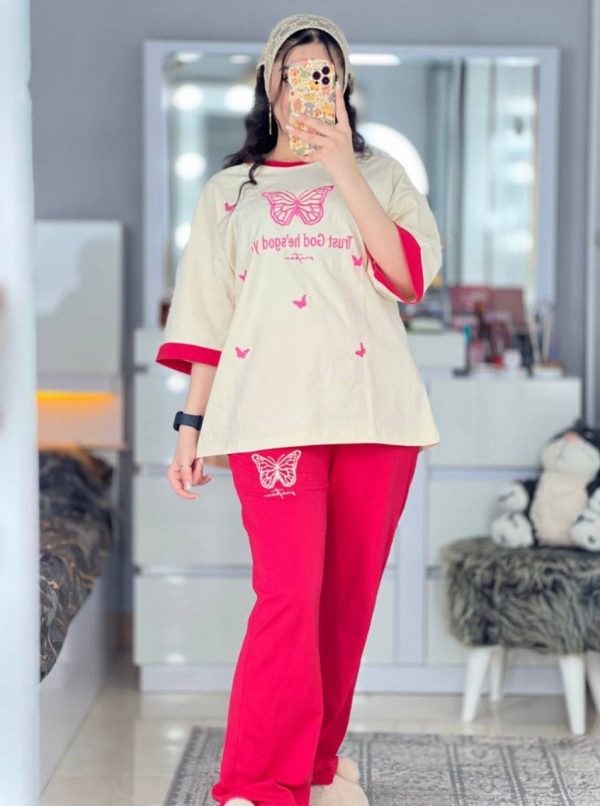 ست تیشرت شلوار دخترانه گلدوزی پروانه دخترانه بهاره 44135
