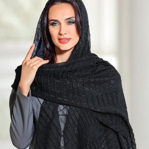 شال شراره زنانه – حریر پلیسه زربافت اعلا، مروارید دوزی، مشکی، ۷۰×۲۰۰، مناسب مجلس 29482