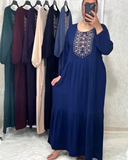 پیراهن زنانه بلند نخی ساحلی سرمه ای 708139