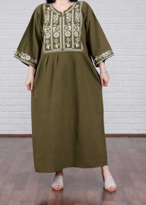مانتو زنانه لینن بلند سینه طرح جنس لینن گرم بالا سبز زیتونی 74455
