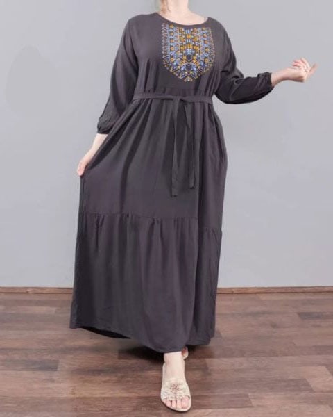 پیراهن زنانه بلند نخی ساحلی طوسی 708139