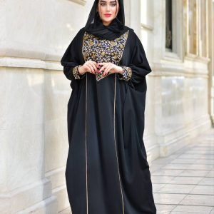 مانتو عبایی زنانه بلند کرپ سوزن دوزی شده g4059